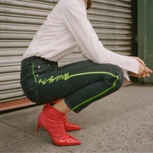 RAG & BONE Women's Stone Kuro Black Jeans Bright‎ Green Side Spell Out Size 30